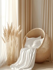 Wicker Chair with Pampas Grass and White Blanket Interior in Beige Tones Still Life Close Up