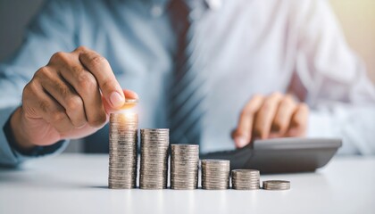 A focused man carefully stacks shiny coins on a wooden table, his hand steady as he balances each coin, creating a small tower of wealth.