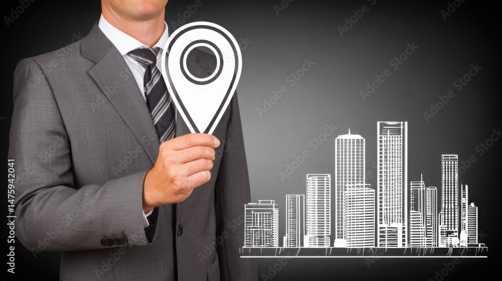 Poster man holding a pinpoint signifying trust and targeted belief in a conceptual interaction for success
