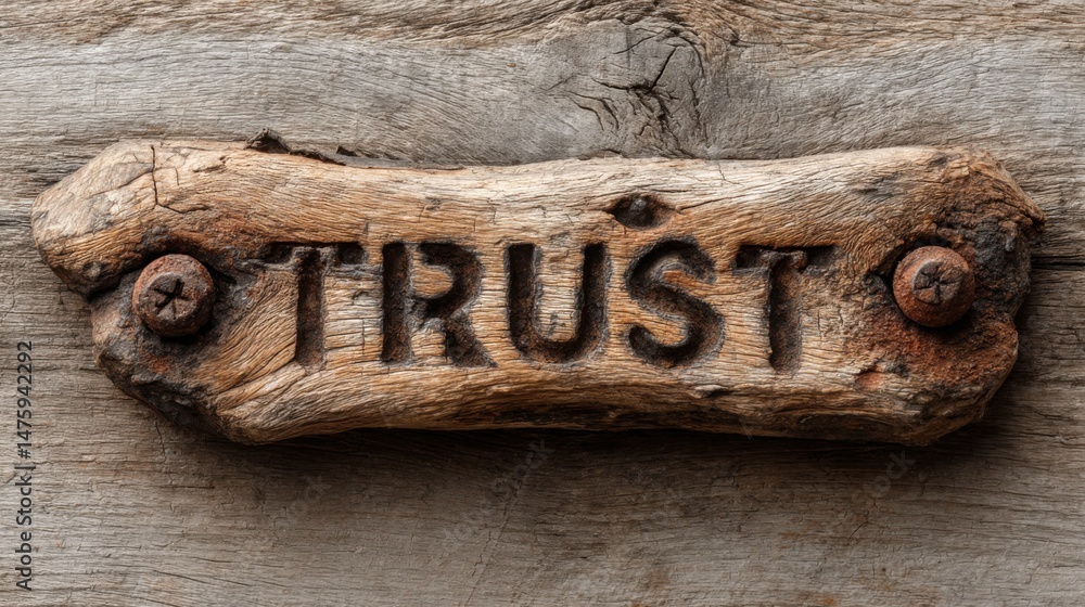 Poster rustic sign on a wooden wall representing trust architecture and integrity in a conceptual position 