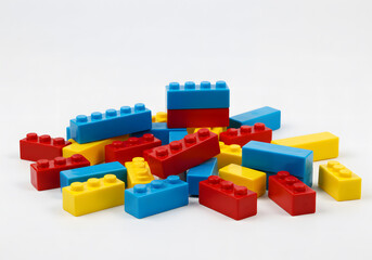 Obraz premium Colorful plastic blocks scattered on a white surface building toy concept