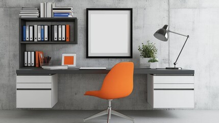 Modern, minimalist workspace design with gray and white elements.
