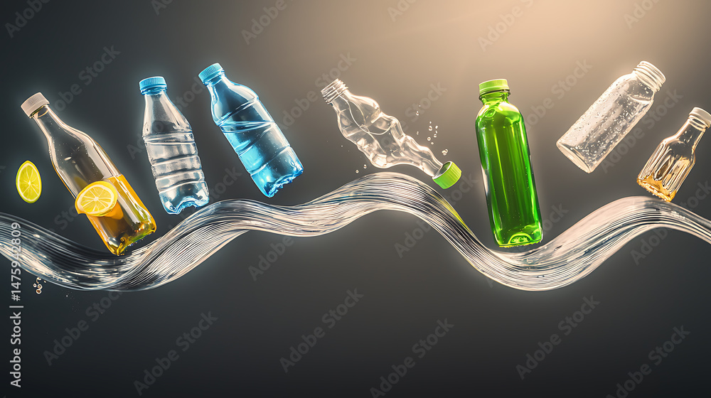 Poster dynamic splash of water bottles in various colors studio setting photography abstract close-up bever