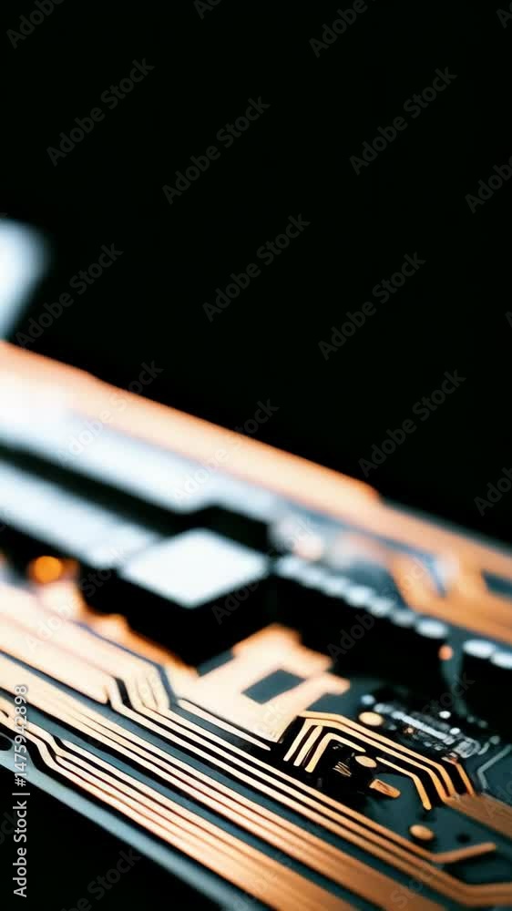 Poster close-up of a circuit board with gold wiring on a dark background reveals technological complexity a