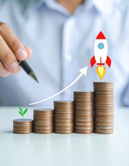 A person is carefully placing shiny coins into a clear glass jar, featuring a colorful rocket perched on top, symbolizing savings and aspirations.