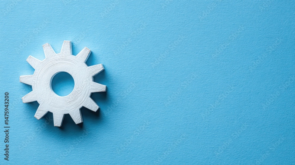 Poster white gear wheel on blue background symbolizing value-first automation and core-driven system concep