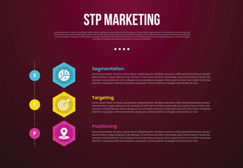 STP marketing infographic template with creative hexagon shape vertical stack with dark background style with 3 point for slide presentation