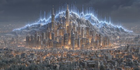 Obraz premium Futuristic city skyline a study of financial market volatility in a high-tech world