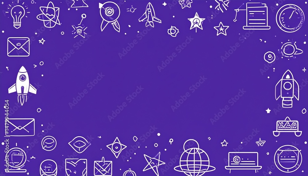 Poster a vibrant purple background adorned with intricate white icons and delicate lines, creating a visual