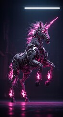 Mechanical Unicorn Raising Up with Glowing Elements in Dark Setting