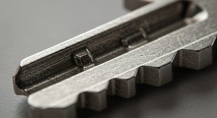 Close-up Detailed View of a Metal Key's Serrations and Cuttings