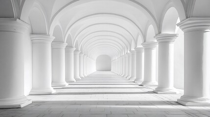 Fototapeta premium Symmetrical White Colonnade with Arches and Pillars in Perspective Leading to a Void