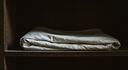 Neatly Folded Light Beige Fabric on a Dark Wooden Shelf