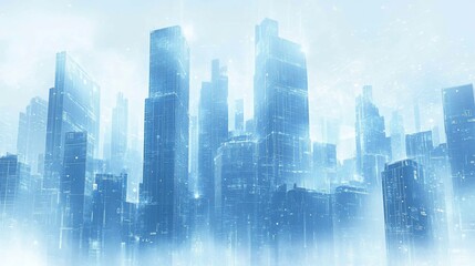 Obraz premium A Futuristic Cityscape Rendered in Blue Tones with a Misty Atmosphere and Glowing Accents