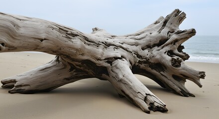 Weathered Driftwood on Sandy Beach A Coastal Nature Photograph