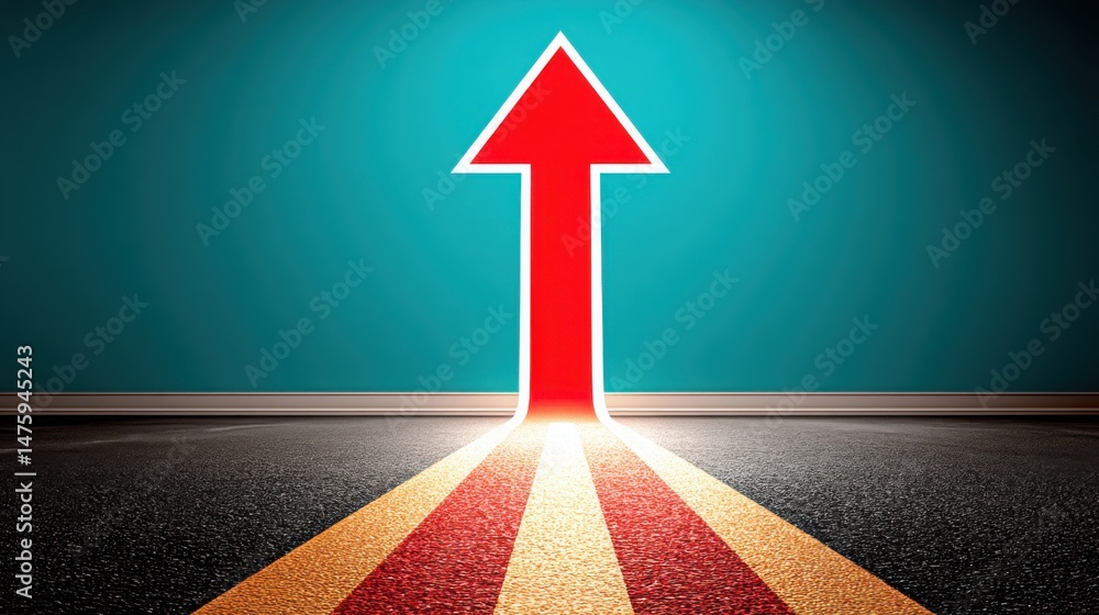 Poster vibrant red arrow displayed on a road surface signifying a low volatility breakout in financial mark