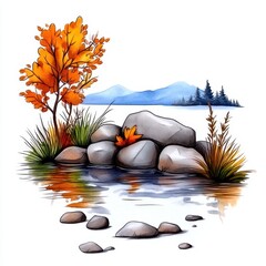 Autumn Lakeside Scene Gray Rocks, Orange Tree, and Calm Water