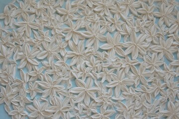 Delicate,  white floral patterns on a light blue surface.