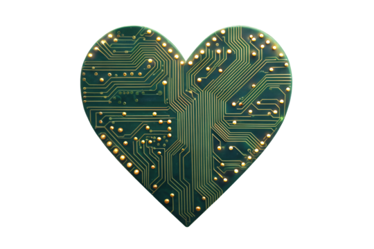 Heart shaped circuit board with golden dots and green lines on plain space on transparent background