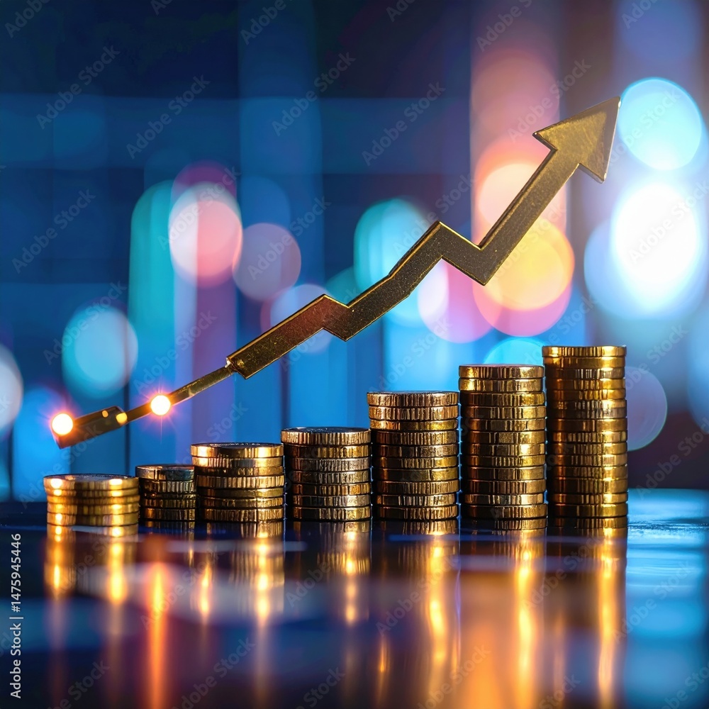 Poster a neatly arranged stack of shiny coins, with a bold upward arrow emerging from the top, symbolizing 