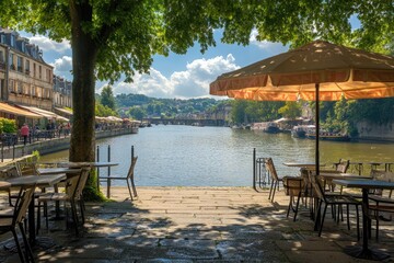 Picturesque riverside cafe terrace under a summer sky