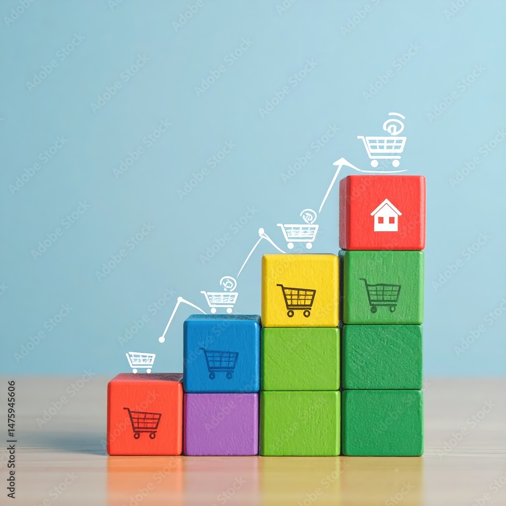 Poster a vibrant stack of assorted blocks in various colors, each adorned with playful icons like stars, he
