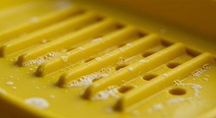 Close-up view of a yellow soap dish with soap suds