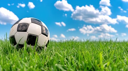 Fototapeta premium Black And White Soccer Ball In Lush Green Grass Under A Bright Blue