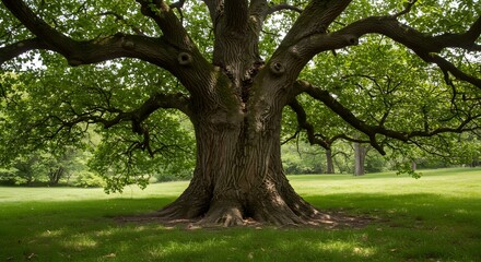 Majestic Oak Tree in a Lush Green Meadow Nature Photography