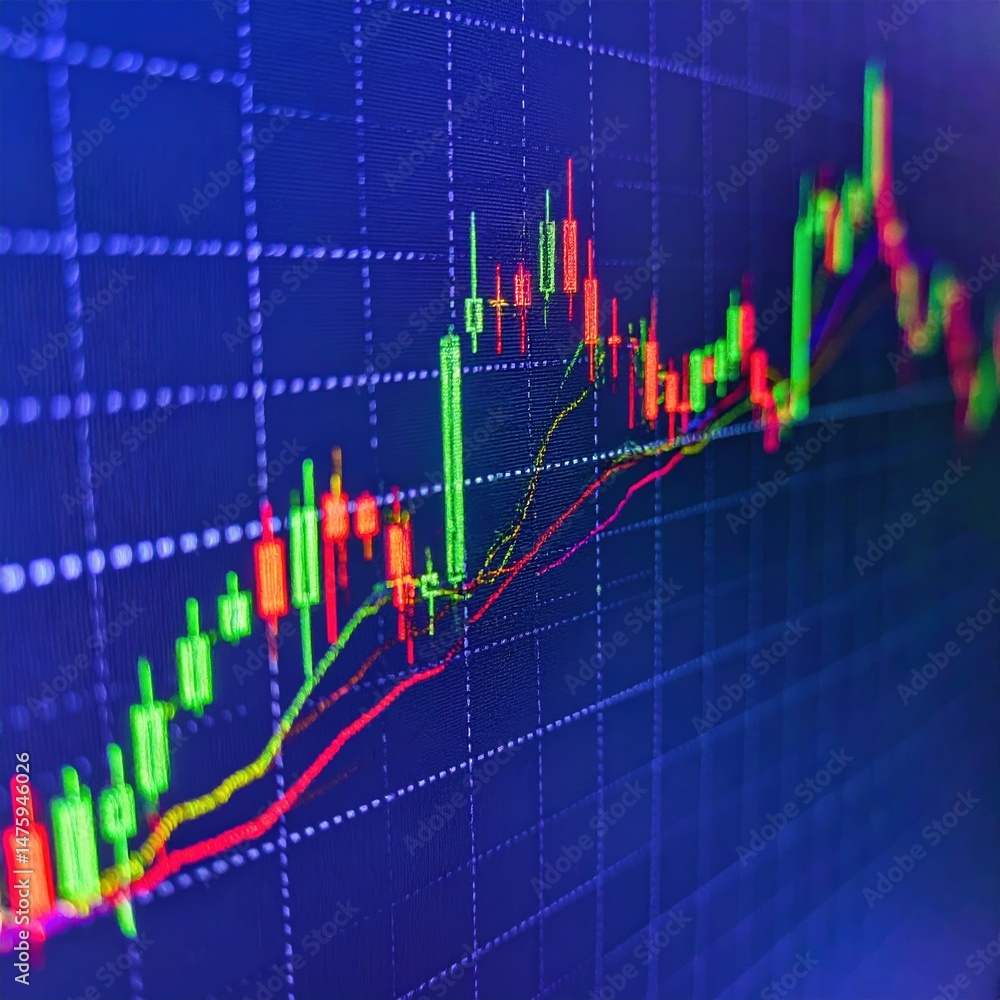 Poster a digital stock chart displayed on a sleek monitor, featuring vibrant candlestick patterns, fluctuat