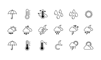 Line Weather Icons Collection depicting various atmospheric conditions including temperature, rain, sun, moon, clouds, lightning, and an umbrella.