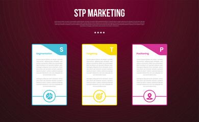 STP marketing infographic template with big table container with swirl header and outline circle bottom with dark background style with 3 point for slide presentation