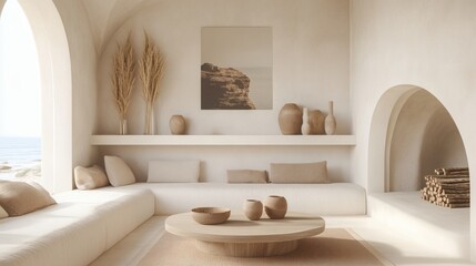 Modern Mediterranean living room featuring sofa, fireplace, and arched architectural elements for warm elegant interior style
