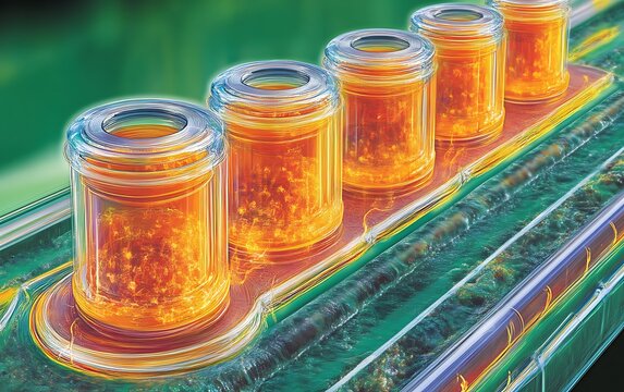 Glowing glass jars with liquid move along a vibrant green structure