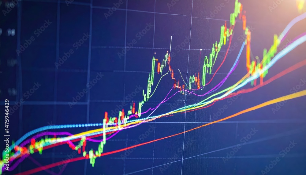 Aufkleber a vibrant stock chart displaying multiple colorful lines representing various market trends, with cl