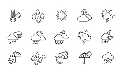 Line Weather Icons Collection depicting various atmospheric conditions including temperature, rain, sun, moon, clouds, lightning, and an umbrella.