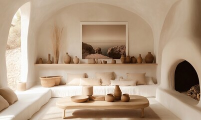 Modern Mediterranean living room featuring sofa, fireplace, and arched architectural elements for warm elegant interior style

