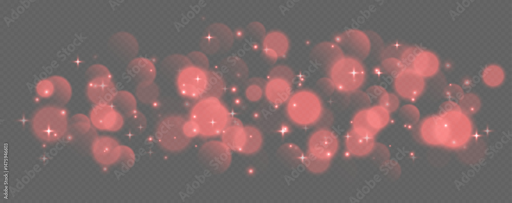 Poster red bokeh with stars and sparkles, shiny overlay decoration isolated on grey background. vector illu
