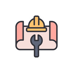 Industrial Blueprint With Hard Hat And Wrench Represents Maintenance