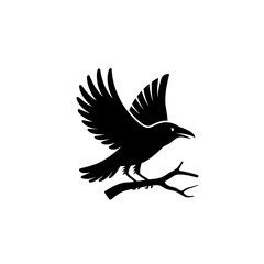 Naklejka premium Crow with open wings sitting on branch vector icon in black color on white background.