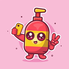smiling pet shampoo bottle character mascot taking a selfie with a smartphone isolated cartoon 