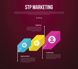STP marketing infographic template with creative rotated hexagon with line pointing direction with dark background style with 3 point for slide presentation