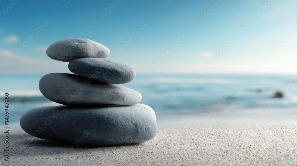 Poster a harmonious stack of rocks on a beach signifying balance and success in a relaxing coastal environm