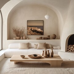 Sofa against fireplace in room with arch window and ceiling. Mediterranean interior design of modern living room.
