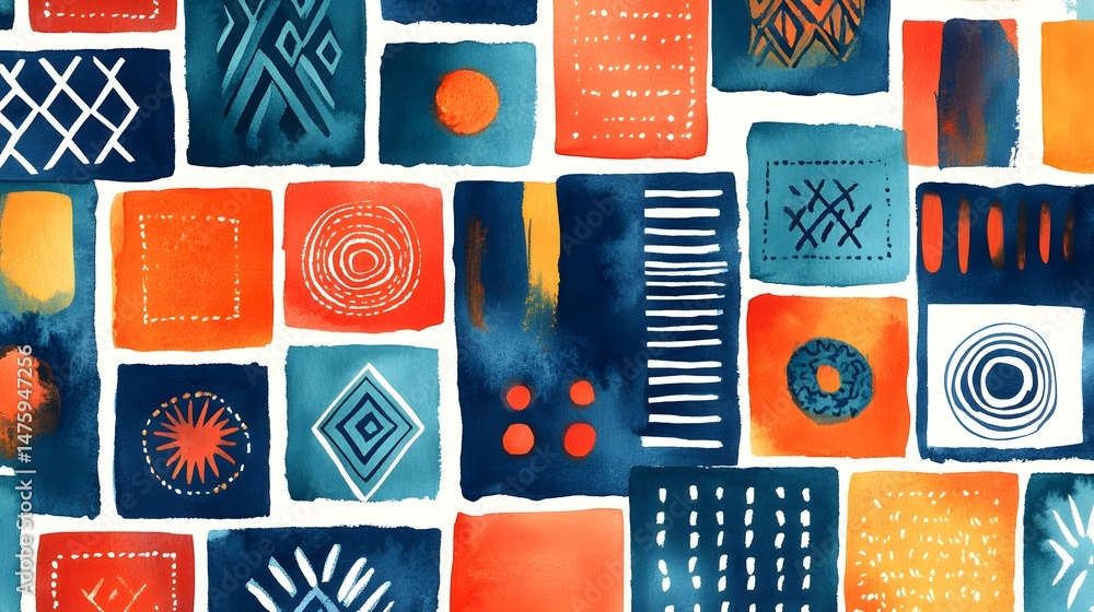 Poster colorful abstract design with geometric shapes and patterns.