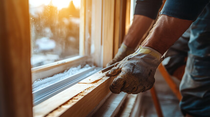 Worker Installing a Window Frame