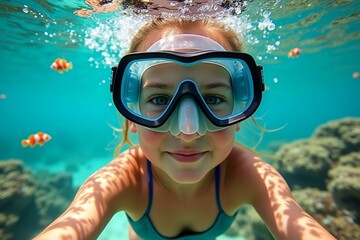 Fototapeta premium A Girl Wearing Diving Mask is Snorkeling.