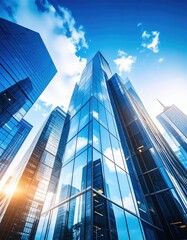 A captivating view of towering skyscrapers from ground level, showcasing their impressive height and architectural details against a clear blue sky.