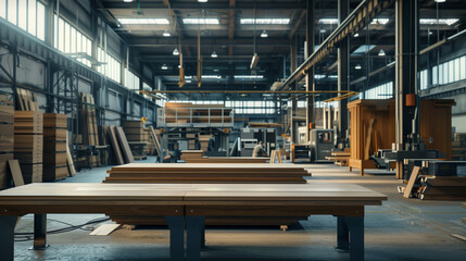 Fototapeta premium Skilled craftsmen and automated machinery create high-quality furniture in a woodworking factory. Generative AI. 