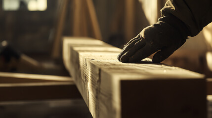 Carpenter's Hand in Glove Holding a Wooden Beam